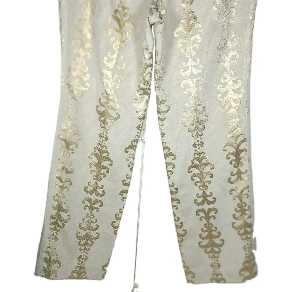 Tory Burch Women's Sz8 Gold and Cream Linen Blend Filigree Print Ankle Pants NWT